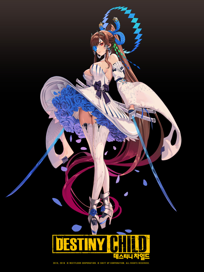 1girl absurdly_long_hair bare_shoulders blue_flower blue_rose bow breasts copyright_name destiny_child detached_sleeves dress earrings eve_(destiny_child) flower flower_eyepatch hair_bow hair_ornament highres holding holding_weapon jewelry korean_text large_breasts lightning logo long_hair official_art ponytail rose sheath solo thighhighs very_long_hair weapon white_dress zig90