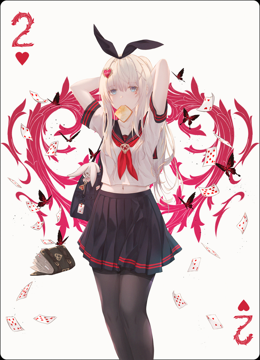 1girl alice_in_wonderland arms_behind_head bag black_legwear black_skirt blonde_hair blue_eyes book bookbag bug butterfly button_eyes card falling_card feet_out_of_frame food food_in_mouth hair_ornament hairband heart heart_hair_ornament highres insect long_hair merry_hearm mouth_hold navel original pantyhose playing_card playing_card_theme pleated_skirt school_uniform serafuku skirt solo stuffed_animal stuffed_bunny stuffed_toy toast toast_in_mouth x_hair_ornament