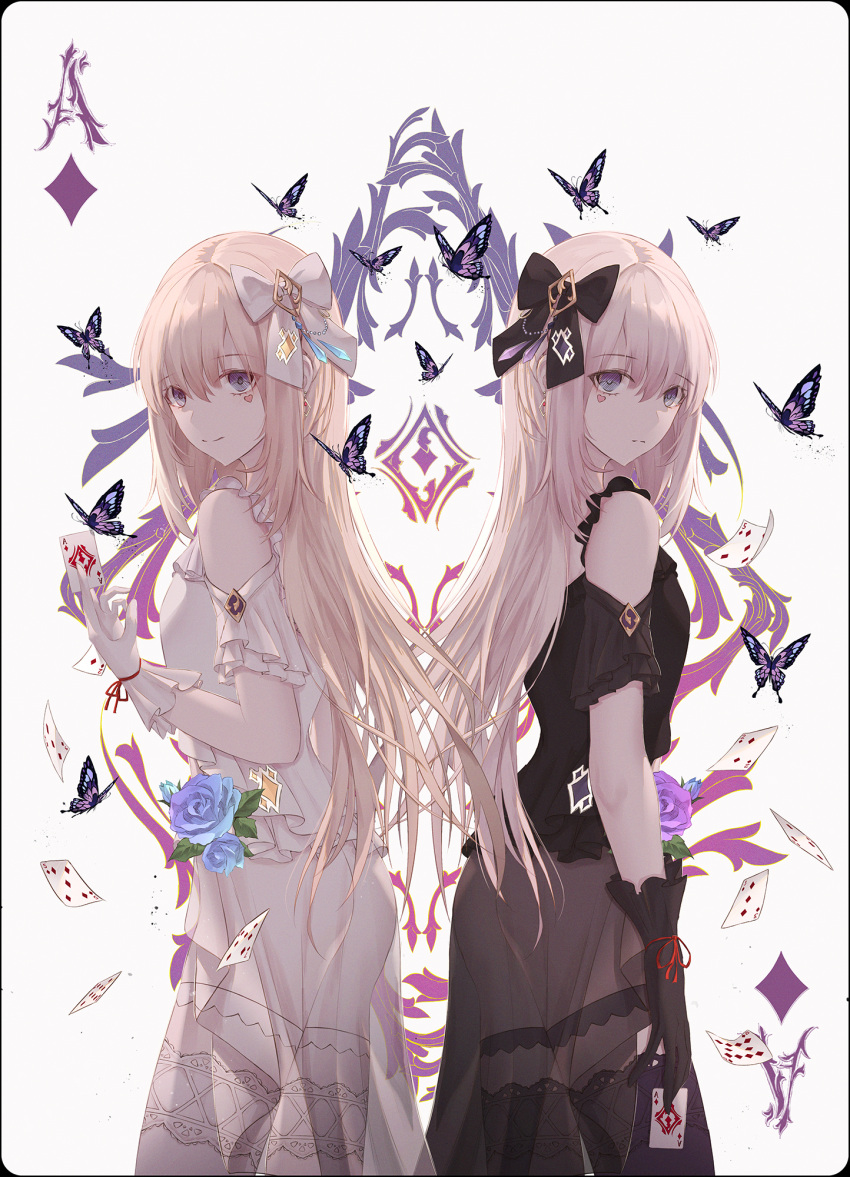 2girls ace_of_diamonds alice_(wonderland) alice_in_wonderland bangs bare_shoulders black_dress black_gloves black_vs_white blonde_hair blue_eyes bow bug butterfly card dress dual_persona eyebrows_visible_through_hair falling_card flower gloves hair_bow hand_up heart highres holding holding_card insect long_hair merry_hearm multiple_girls original playing_card see-through smile white_dress white_gloves