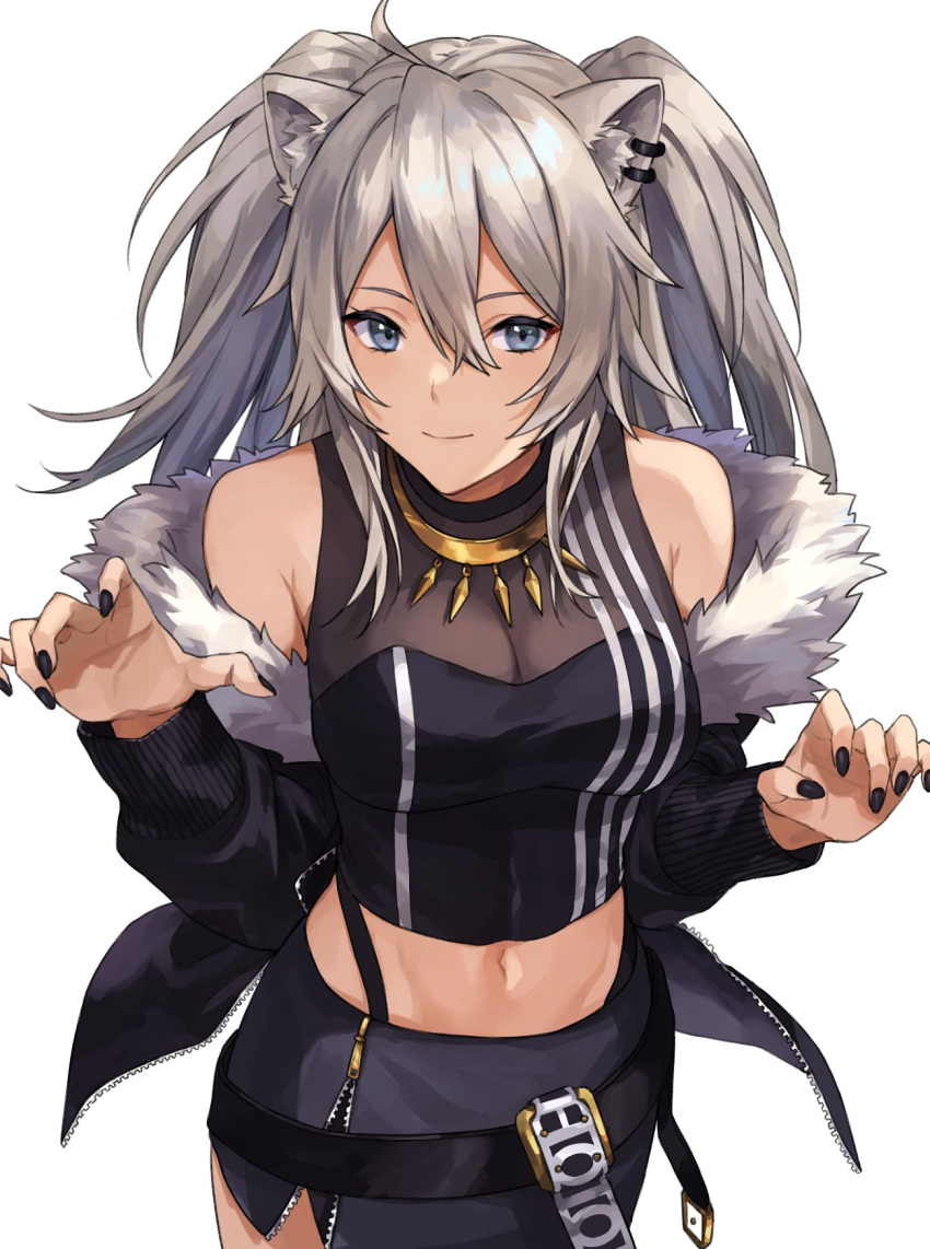 1girl ahoge animal_ear_fluff animal_ears bangs bare_shoulders belt black_nails black_shirt breasts claw_pose cleavage cowboy_shot crop_top ear_piercing fur-trimmed_jacket fur_trim gold_necklace grey_eyes highres hololive jacket jewelry kamu_(kamuuei) large_breasts lion_ears lion_girl long_hair looking_at_viewer midriff miniskirt navel necklace off_shoulder partially_unzipped piercing see-through shirt shishiro_botan sidelocks silver_hair skirt sleeveless sleeveless_shirt smile solo two_side_up virtual_youtuber zipper_skirt