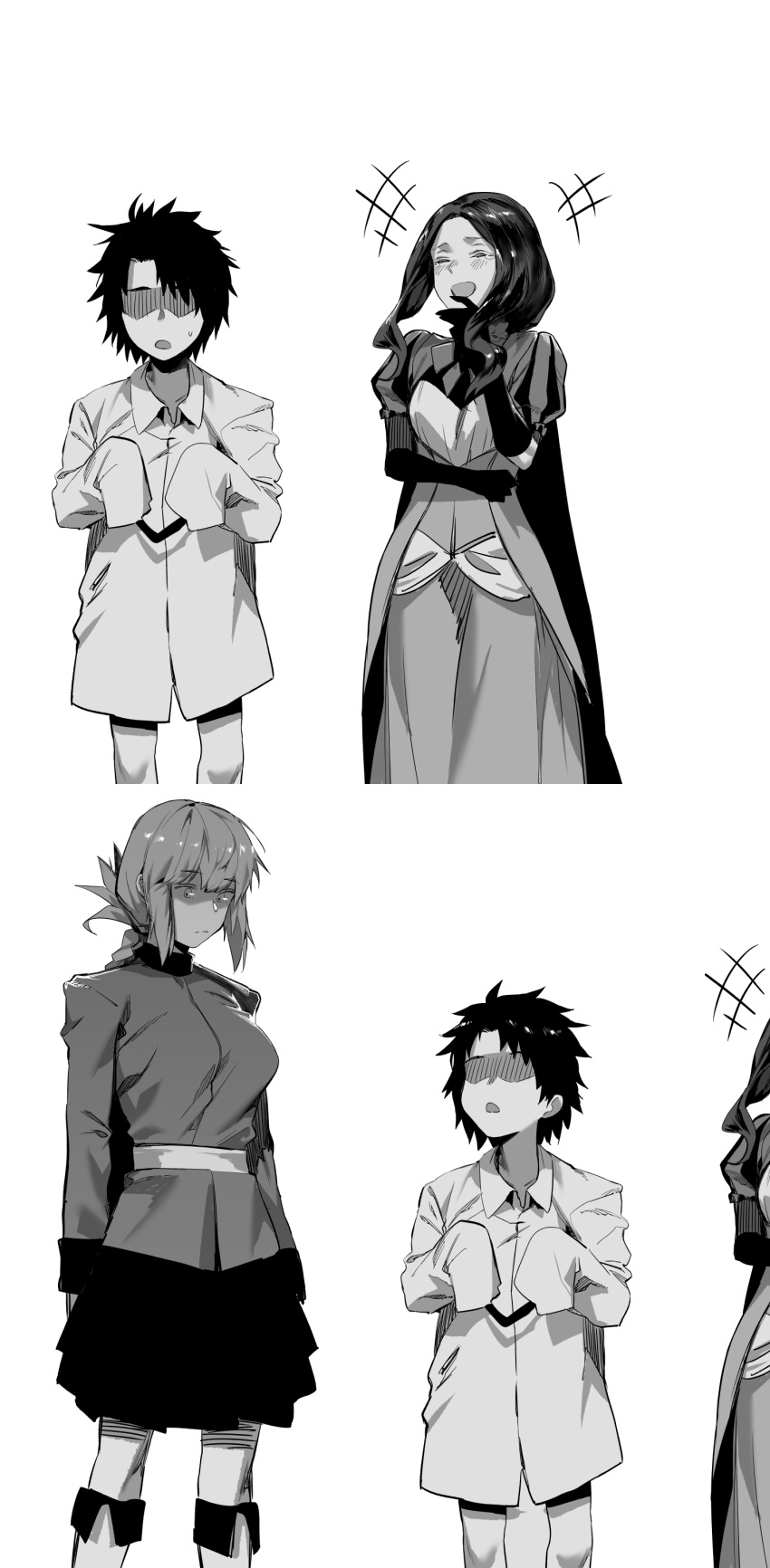 1boy 2girls absurdres age_difference age_regression bangs belt braid breasts child closed_eyes fate/grand_order fate_(series) florence_nightingale_(fate) folded_ponytail fujimaru_ritsuka_(male) gloves greyscale height_difference highres hxd large_breasts laughing leonardo_da_vinci_(fate) leonardo_da_vinci_(rider)_(fate) long_hair long_sleeves military_jacket monochrome multiple_girls open_mouth parted_bangs short_hair skirt younger