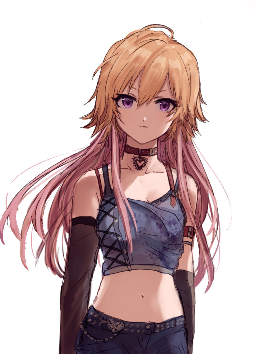 1girl ahoge arm_belt bare_shoulders black_choker black_gloves black_shorts blue_shirt bra_strap breasts choker cleavage collarbone crop_top elbow_gloves expressionless gloves highres idolmaster idolmaster_cinderella_girls kuromitsu_maria long_hair looking_at_viewer midriff multicolored_hair navel ninomiya_asuka orange_hair purple_eyes shirt shorts simple_background sleeveless sleeveless_shirt solo stomach two-tone_hair upper_body white_background