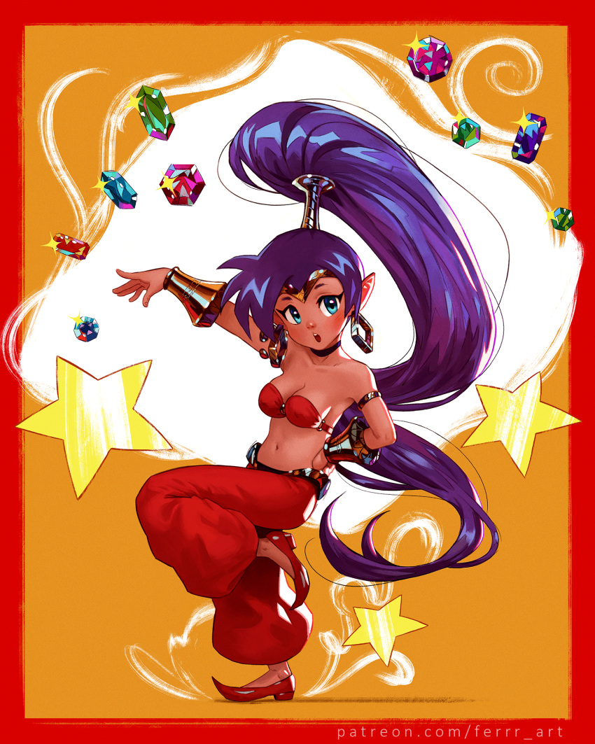 1girl armlet bare_shoulders blue_eyes bracer breasts circlet cleavage collarbone dark_skin dark_skinned_female earrings gem hand_on_hip harem_pants highres hoop_earrings idfer jewelry looking_at_viewer navel open_mouth outstretched_arm pants pointy_ears ponytail pose shantae_(character) shantae_(series) solo star_(symbol) stomach