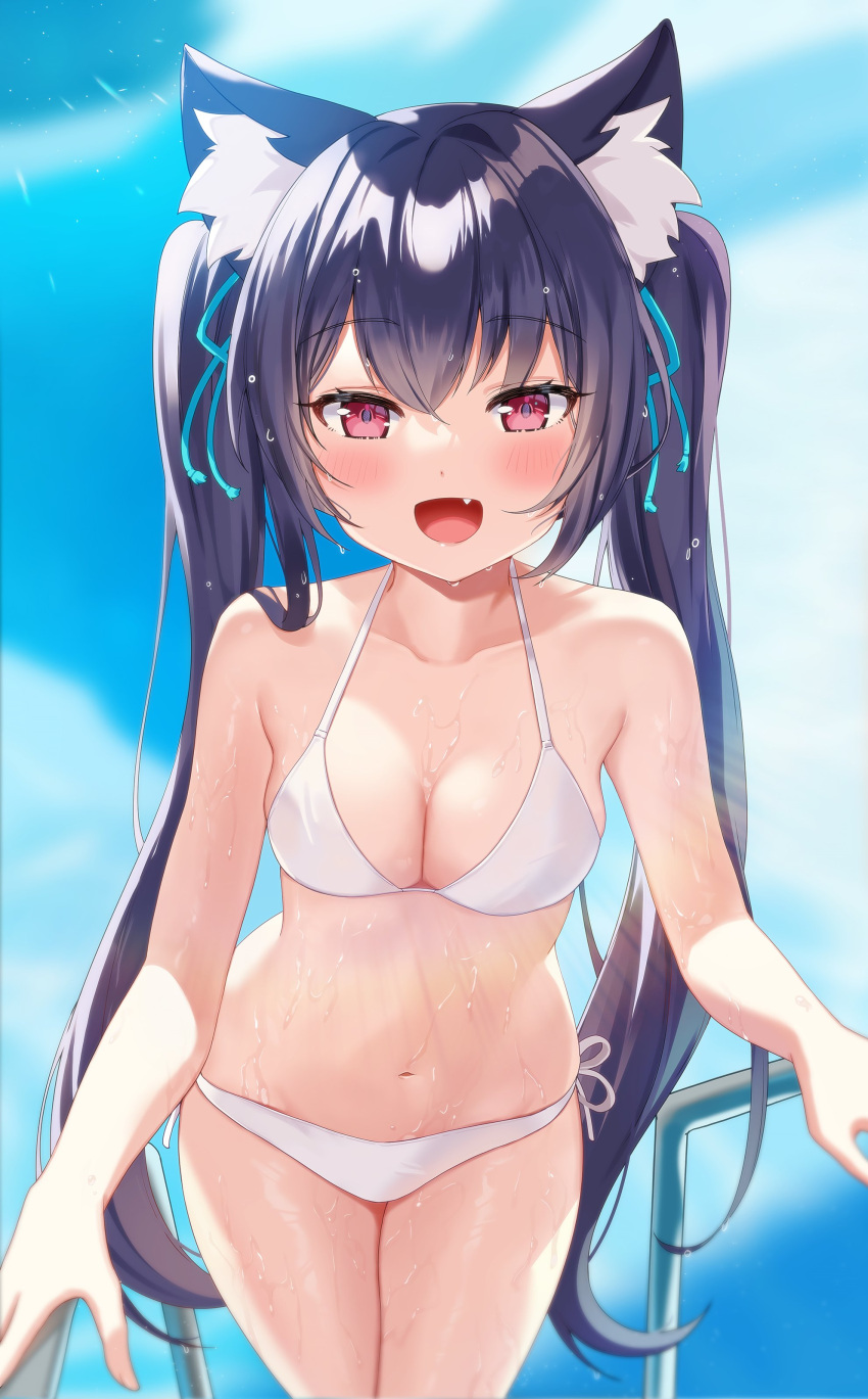 1girl absurdres animal_ear_fluff animal_ears bangs bikini black_hair blue_archive blush breasts cat_ears cleavage cloud day eyebrows_visible_through_hair fang hair_between_eyes hair_ribbon highres long_hair looking_at_viewer medium_breasts outdoors pn_(wnsl216) pool_ladder red_eyes ribbon serika_(blue_archive) sky solo swimsuit twintails wet white_bikini