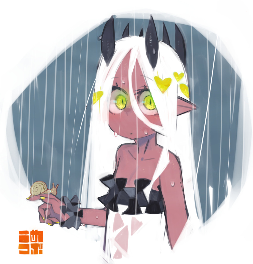 1girl animal animal_on_hand bare_shoulders black_horns blush closed_mouth collarbone dark_skin dark_skinned_female dress eyebrows_visible_through_hair fingernails frilled_dress frills green_eyes hair_between_eyes heart highres horns kometsubu long_hair looking_at_viewer multiple_horns off-shoulder_dress off_shoulder original pointy_ears rain signature slit_pupils snail wet white_dress white_hair yellow_nails