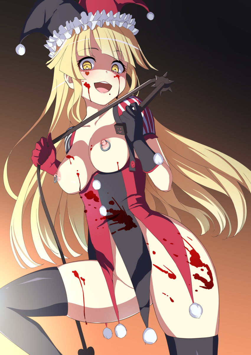 1girl :d bang_dream! bangs black_gloves black_legwear blonde_hair blood blood_on_face blood_splatter bloody_clothes blush bottomless breasts commentary_request corruption dark_persona feet_out_of_frame femdom from_below gloves gradient gradient_background hat heart highres holding holding_whip jester jester_cap long_hair looking_at_viewer medium_breasts mismatched_gloves nipple_piercing nipples no_panties no_pants open_mouth piercing pom_pom_(clothes) red_gloves sakamata sidelocks smile solo standing thighhighs tsurumaki_kokoro underbust whip yellow_eyes