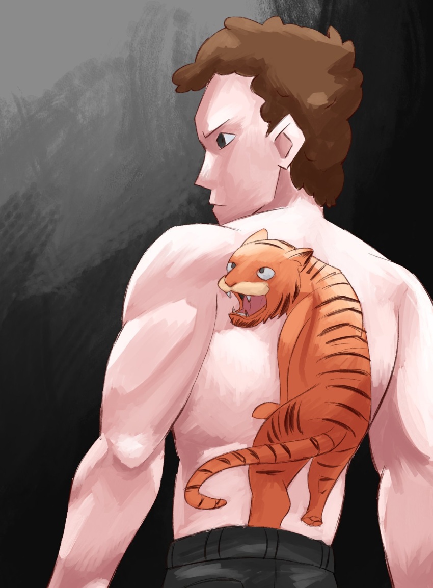 1boy arktoons back_tattoo black_eyes black_pants brown_hair cat commission crossover curly_hair fangs garfield garfield_(character) highres irezumi jon_arbuckle pants parody pose reference_work ryuu_ga_gotoku serious shirtless short_hair style_parody tattoo tiger