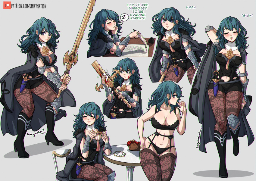 1girl blood blood_on_face bloody_weapon blue_eyes blush boots bra breasts byleth_(fire_emblem) byleth_(fire_emblem)_(female) closed_eyes cup dagger english_text fire_emblem fire_emblem:_three_houses green_hair grey_background high_heel_boots high_heels highres holding holding_weapon jacket jacket_on_shoulders kinkymation large_breasts long_hair looking_at_viewer messy_hair navel open_mouth pantyhose patreon_username quill simple_background sitting smile stance sword_of_the_creator table teacup thighhighs underwear weapon