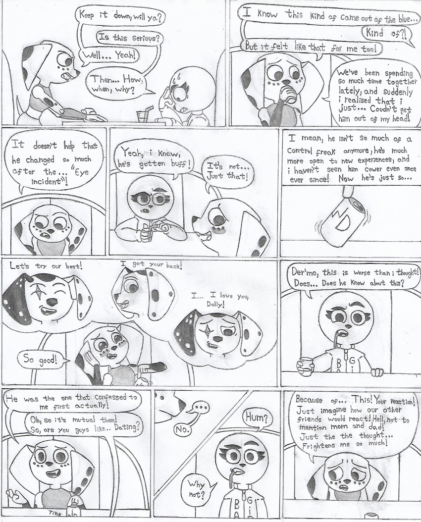 ... 101_dalmatian_street 101_dalmatians animal_humanoid anthro beverage blush canid canid_humanoid canine canine_humanoid canis caribe clothing comic comic_page dalmatian dialogue disney dog_humanoid dolly_(101_dalmatians) domestic_dog drinking drinking_straw duo dylan_(101_dalmatians) embarrassed english_text female fur furniture glass_cup hi_res hoodie humanoid looking_surprised mammal mammal_humanoid no_sex sitting sitting_on_chair snowball_(101_dalmatian_street) spots spotted_body spotted_fur table tabletop text topwear