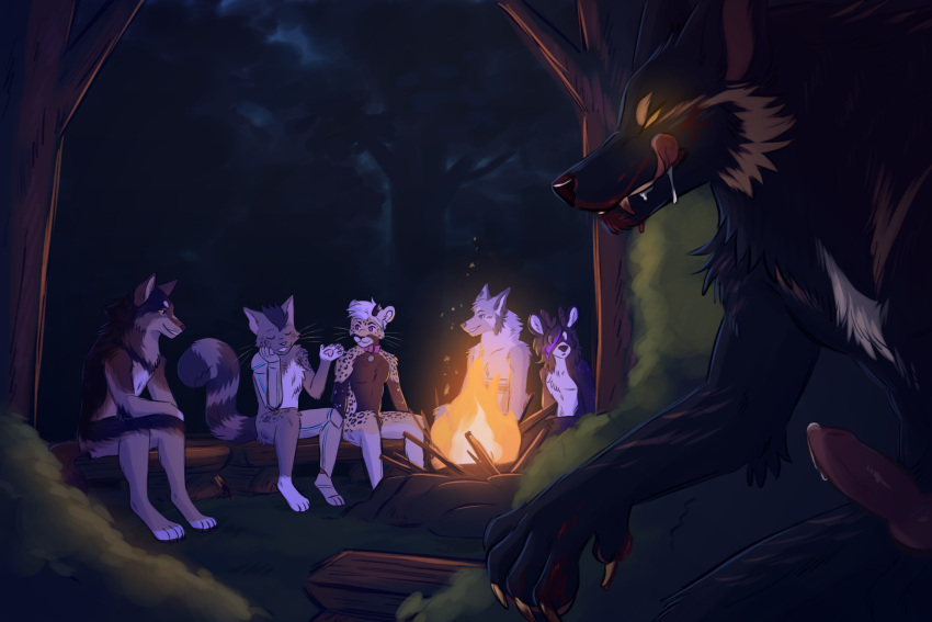3:2 ambiguous_gender anthro campfire canid canine felid feline fur group hair hi_res local_lycan male mammal multicolored_body multicolored_fur multicolored_hair multicolored_tail robotic_arm robotic_leg vaikus were werecanid werecanine werewolf