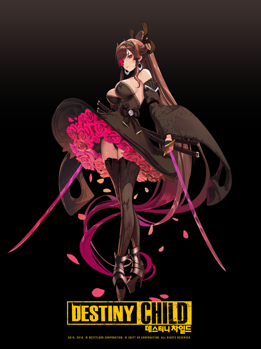 1girl absurdly_long_hair bare_shoulders black_dress bow breasts copyright_name destiny_child detached_sleeves dress earrings eve_(destiny_child) flower flower_eyepatch hair_bow hair_ornament highres holding holding_weapon jewelry korean_text large_breasts lightning logo long_hair official_art palette_swap ponytail red_flower red_rose rose sheath solo thighhighs very_long_hair weapon zig90