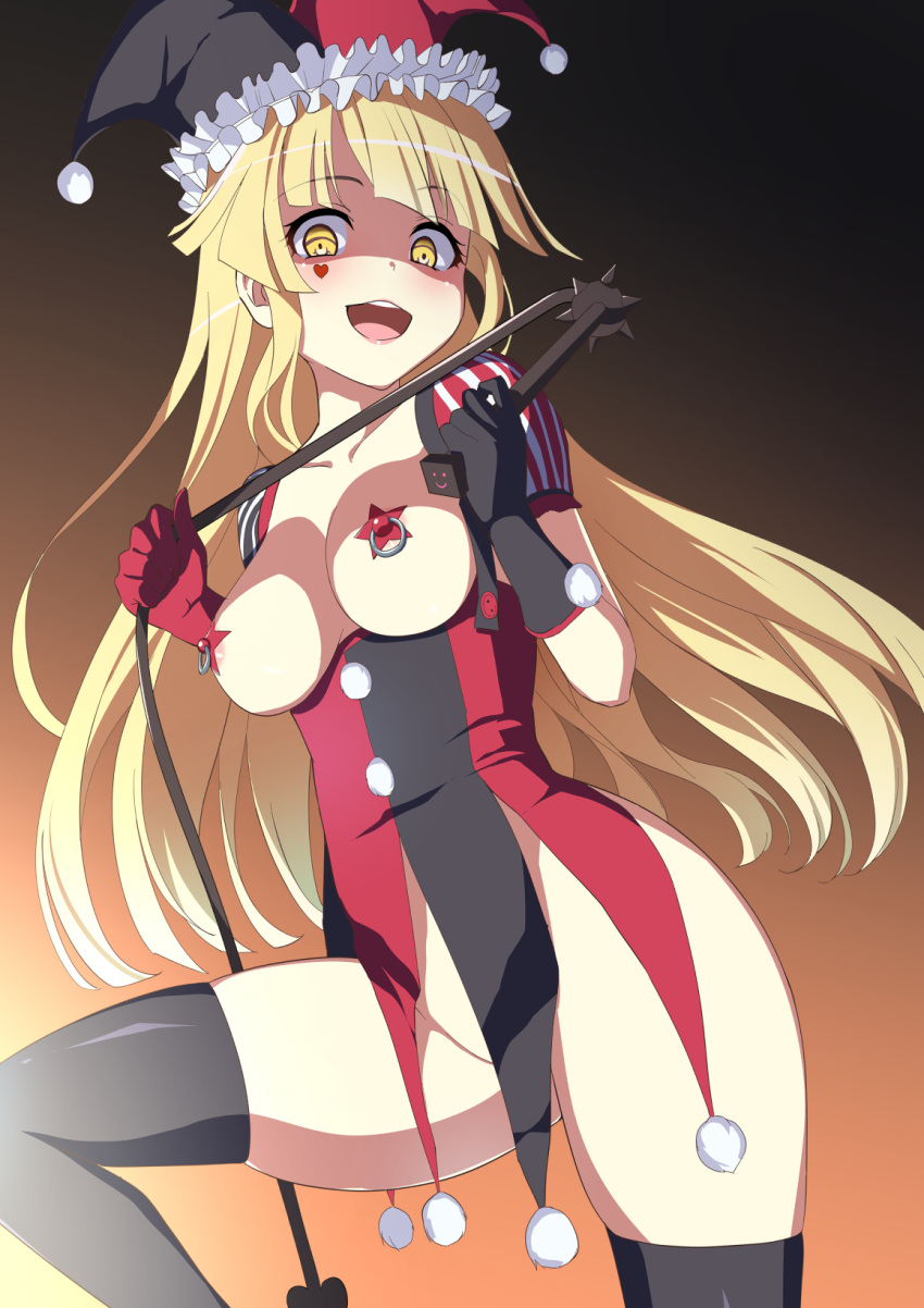 1girl :d areolae bang_dream! bangs black_gloves black_legwear blonde_hair blush bottomless breasts commentary_request corruption covered_nipples dark_persona feet_out_of_frame femdom from_below gloves gradient gradient_background hat heart highres holding holding_whip jester jester_cap long_hair looking_at_viewer medium_breasts mismatched_gloves nipple_piercing no_panties no_pants open_mouth pasties piercing pom_pom_(clothes) red_gloves sakamata sidelocks smile solo standing thighhighs tsurumaki_kokoro underbust whip yellow_eyes