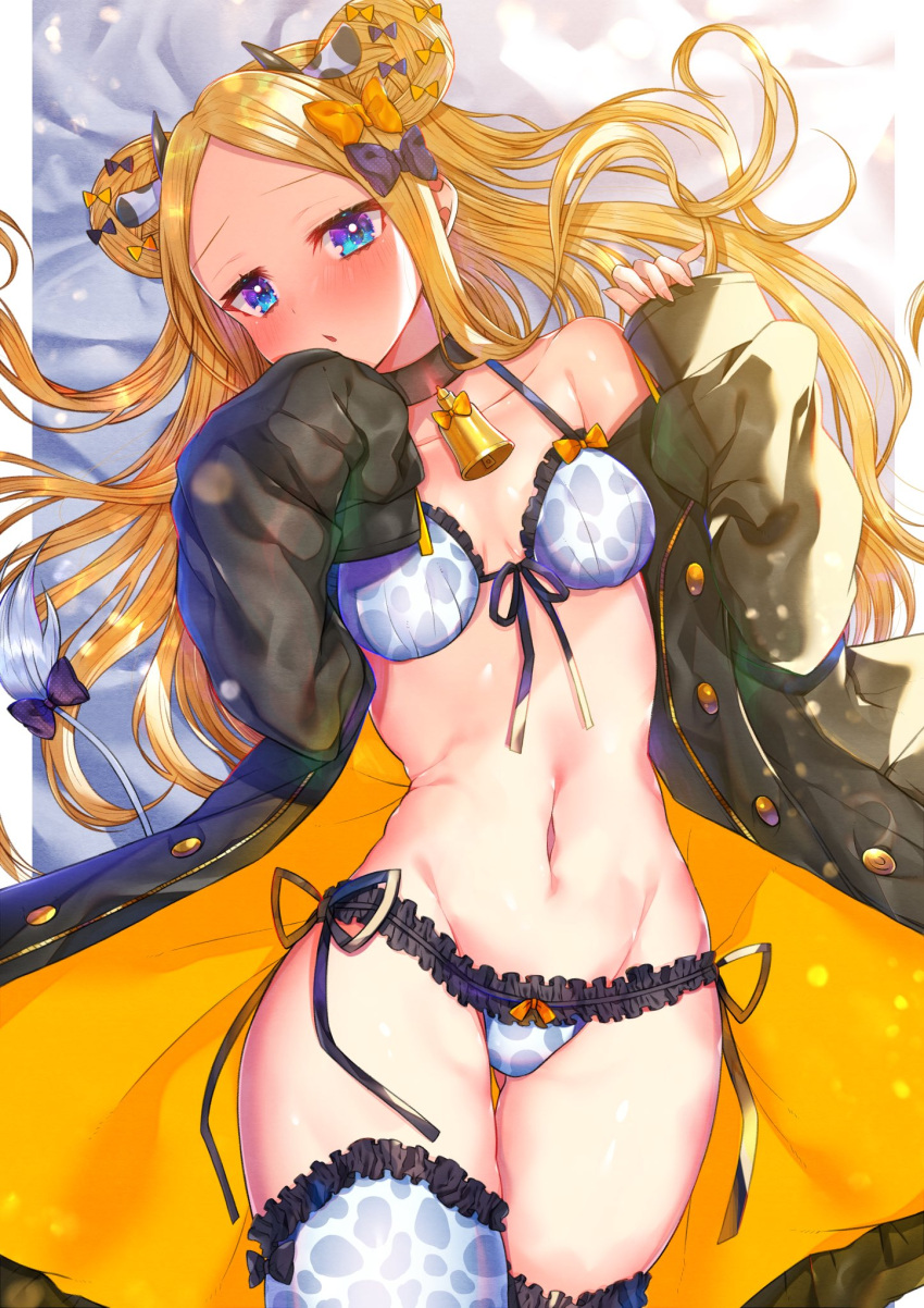 1girl abigail_williams_(fate) akirannu animal_ears animal_print bangs bare_shoulders bell bell_collar black_coat blonde_hair blue_eyes blush bow bra breasts coat collar cow_ears cow_horns cow_print cowbell double_bun fate/grand_order fate_(series) forehead hair_bow highres horns long_hair long_sleeves looking_at_viewer multiple_bows navel open_clothes open_coat open_mouth panties parted_bangs sidelocks small_breasts thighhighs thighs underwear white_bra white_panties