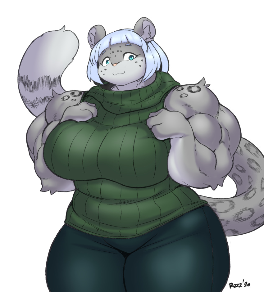 2020 absurd_res anthro biceps big_breasts blue_hair bottomwear breasts clothing deltoids felid female fur grey_body grey_fur hair hi_res mammal muscular muscular_female pantherine pants razzberryboat simple_background snow_leopard solo sweater topwear triceps white_background