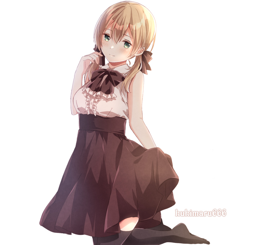 1girl alternate_costume black_legwear black_skirt blonde_hair blush buttons closed_mouth eyebrows_visible_through_hair green_eyes hair_between_eyes highres kantai_collection kukimaru lifted_by_self long_hair low_twintails prinz_eugen_(kantai_collection) simple_background skirt skirt_lift sleeveless smile solo thighhighs twintails twitter_username white_background