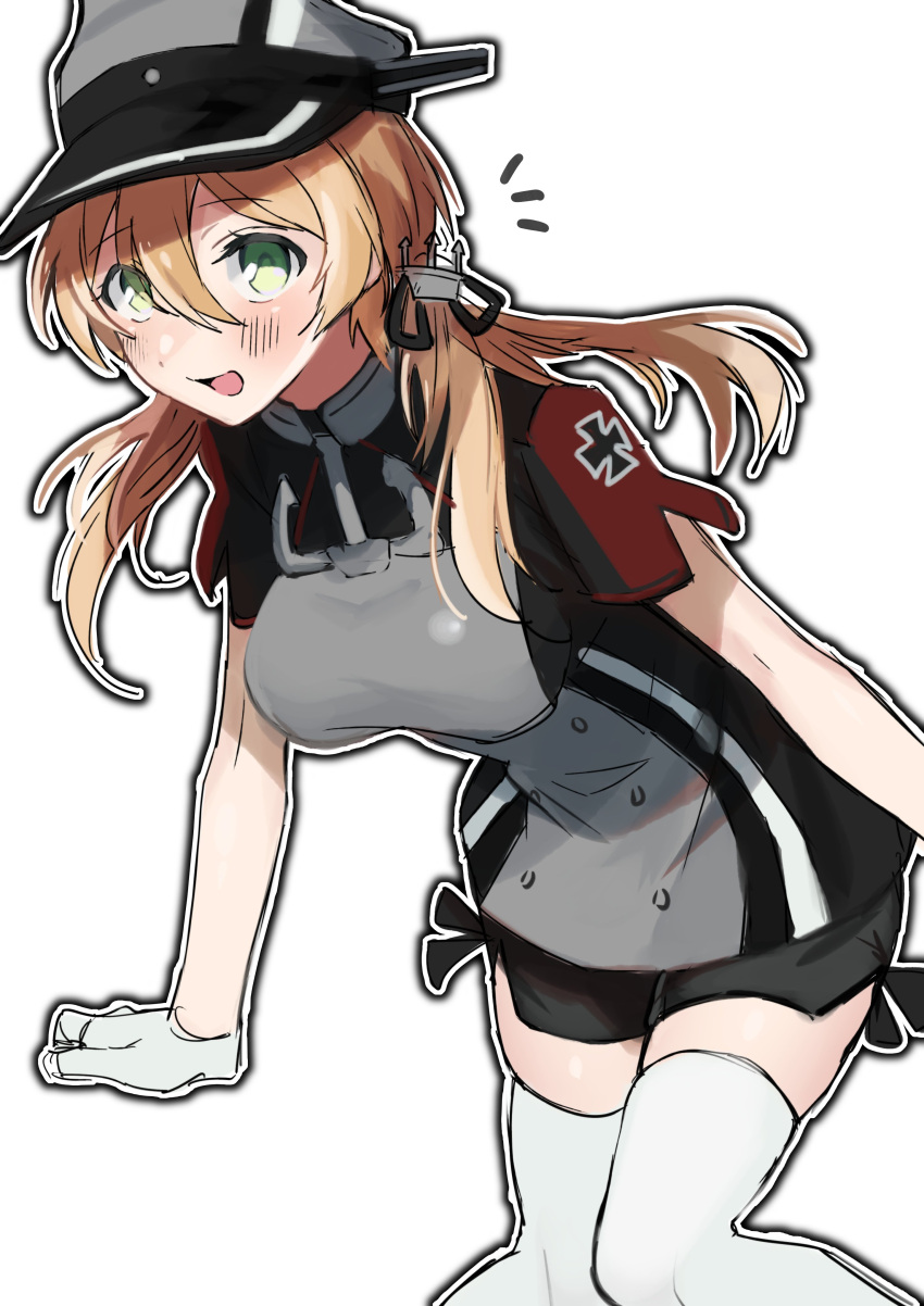 1girl absurdres black_skirt blonde_hair blush breasts eyebrows_visible_through_hair gloves green_eyes hair_between_eyes hat highres kantai_collection large_breasts long_hair low_twintails military military_hat military_uniform open_mouth peaked_cap pleated_skirt prinz_eugen_(kantai_collection) short_sleeves simple_background skirt smile solo thighhighs toriniku_senshi_chikinman twintails uniform white_background white_gloves white_legwear