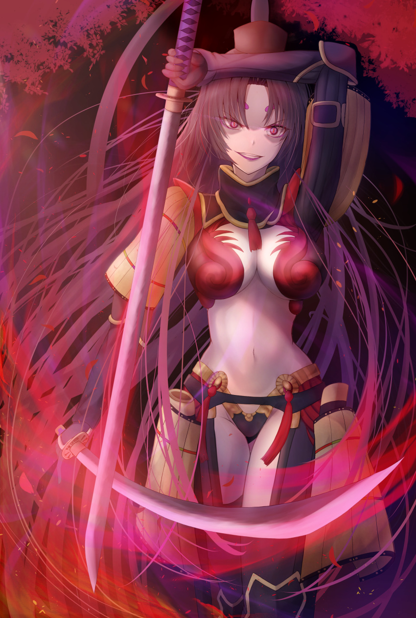 1girl absurdres arm_over_head arm_strap arm_up armor armored_dress bangs black_legwear black_panties breasts cleavage clenched_teeth collared_shirt crossed_swords dual_wielding elbow_pads evil_smile eyebrows_visible_through_hair eyeliner fate/grand_order fate_(series) gloves hair_strand high_collar highres hikimayu holding holding_weapon huge_filesize katana knee_pads large_breasts lipstick long_hair long_sleeves looking_at_viewer makeup messy_hair multicolored multicolored_eyes navel open_mouth panties parted_bangs penguintake red_gloves red_hair red_tassel revealing_clothes shaded_face shirt shoulder_armor sidelocks smile solo standing sword tassel teeth thighhighs thighs underwear ushiwakamaru_(avenger)_(fate) ushiwakamaru_(fate/grand_order) very_long_hair weapon