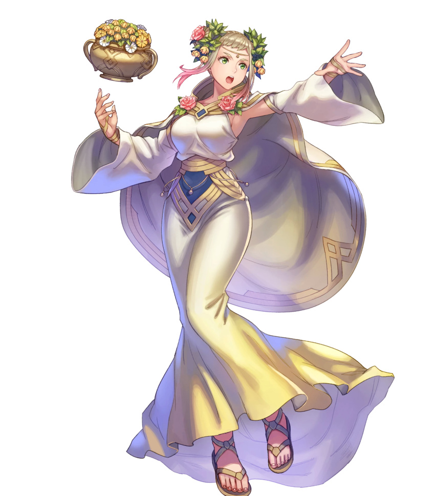 1girl anbe_yoshirou armpits bangs blonde_hair breasts cape circlet dress fire_emblem fire_emblem_heroes floating floating_object flower flower_pot full_body gold_trim gradient gradient_clothes gradient_hair hair_ornament henriette_(fire_emblem) highres long_dress looking_away medium_breasts multicolored_hair official_art open_mouth pink_hair sandals shiny shiny_hair sidelocks toes transparent_background wide_sleeves