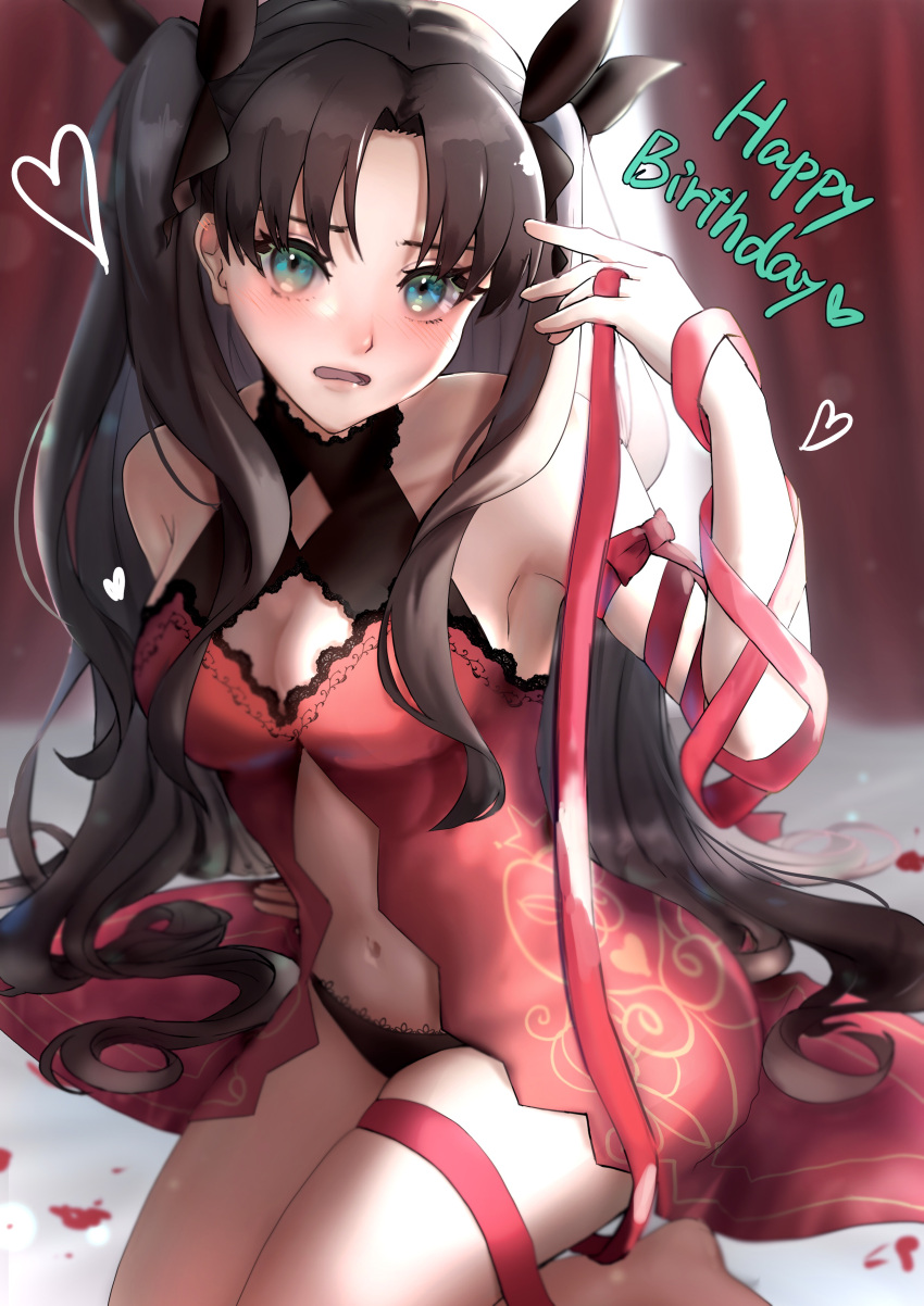 1girl absurdres black_panties black_ribbon blush breasts brown_hair cleavage fate/stay_night fate_(series) green_eyes happy_birthday heart highres lace-trimmed_panties lace_trim long_hair looking_at_viewer medium_breasts navel nepodayo panties red_ribbon ribbon sidelocks solo tohsaka_rin twintails underwear