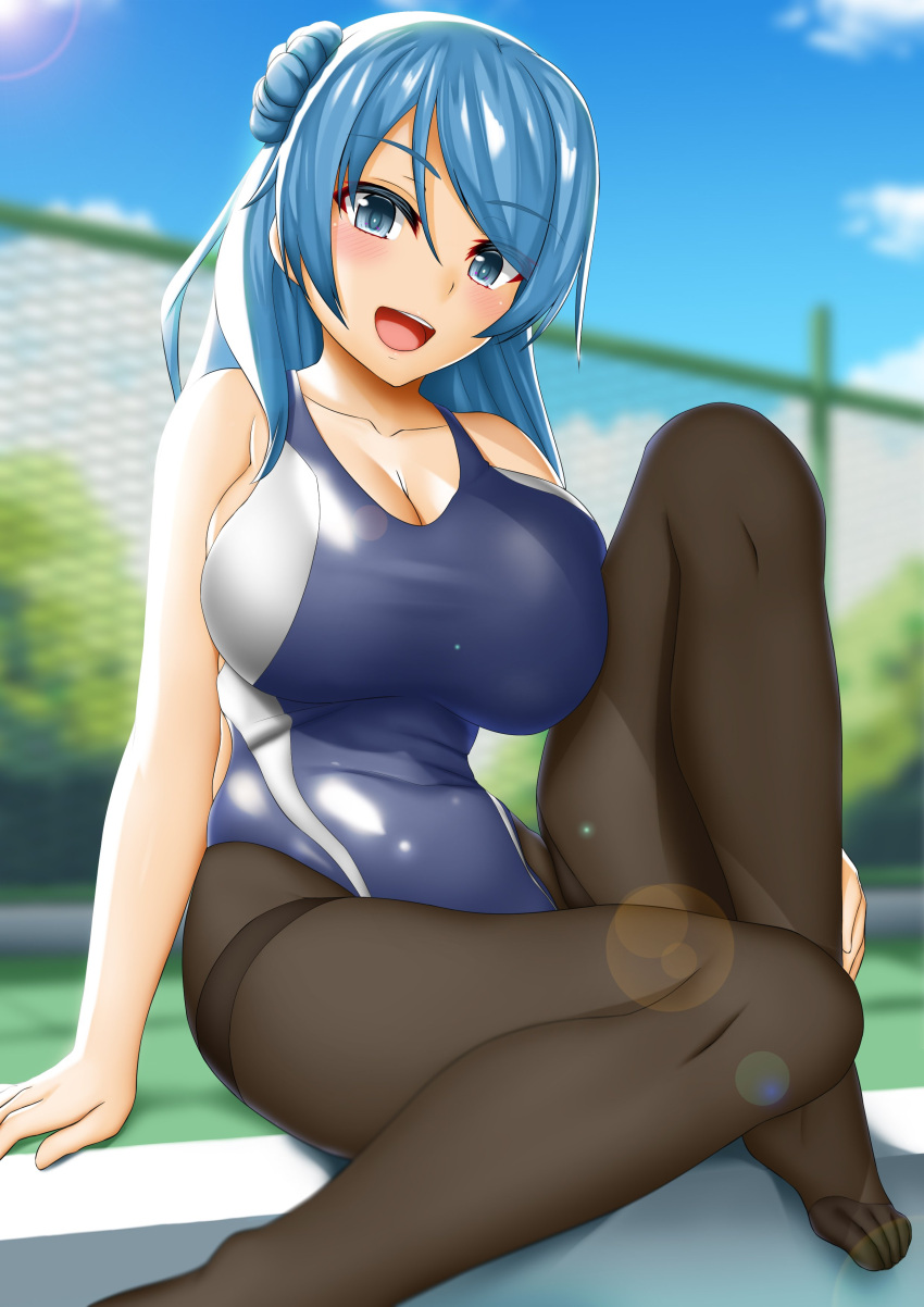 1girl absurdres abukobato black_legwear blue_eyes blue_hair blue_sky blue_swimsuit blurry breasts bush chain-link_fence cloud competition_swimsuit day depth_of_field double_bun feet_out_of_frame fence highres kantai_collection large_breasts lens_flare looking_at_viewer medium_hair one-piece_swimsuit open_mouth outdoors pantyhose pantyhose_under_swimsuit sitting sky smile solo swimsuit thighband_pantyhose urakaze_(kantai_collection)