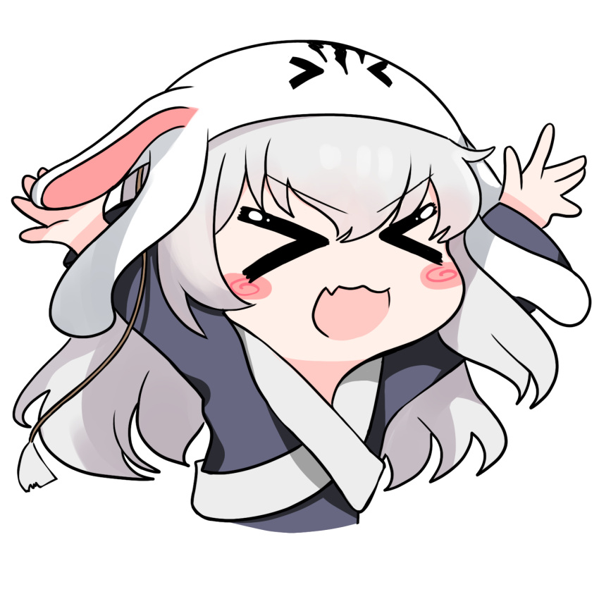 &gt;_&lt; 1girl :d animal_ears animal_hat arms_up bangs black_dress blush_stickers chibi closed_eyes commentary_request cropped_torso dokomon dress eyebrows_visible_through_hair facing_viewer fake_animal_ears girls_frontline grey_hair hair_between_eyes hat highres korean_commentary long_hair long_sleeves open_mouth ribeyrolles_1918_(girls_frontline) simple_background smile solo upper_body very_long_hair white_background white_headwear wide_sleeves xd