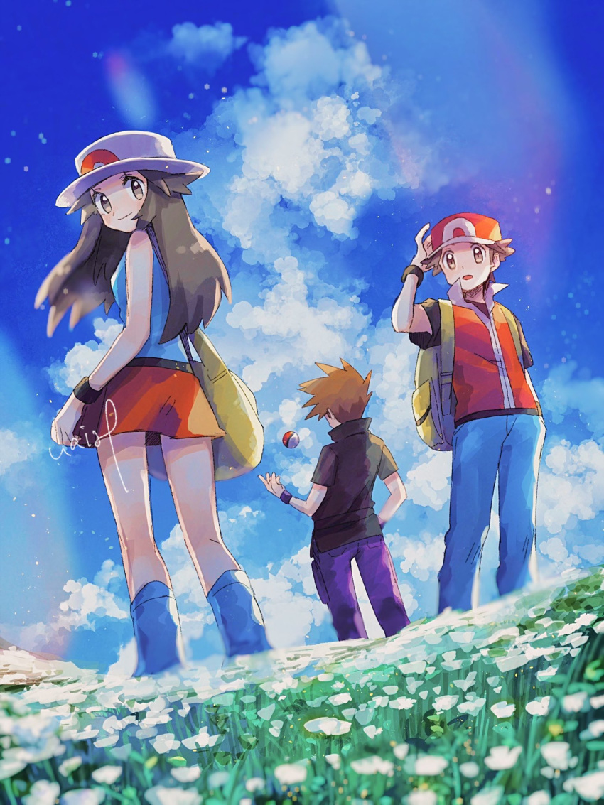 1girl 2boys backpack bag baseball_cap black_shirt black_wristband blue_legwear blue_oak blue_pants blue_shirt brown_eyes brown_hair closed_mouth cloud day eyelashes grey_headwear hanenbo hat highres jacket leaf_(pokemon) long_hair looking_back multiple_boys open_mouth outdoors pants poke_ball poke_ball_(basic) pokemon pokemon_(game) pokemon_frlg purple_pants purple_wristband red_(pokemon) red_skirt shirt short_sleeves signature skirt sky sleeveless sleeveless_shirt smile socks spiked_hair standing two-tone_headwear yellow_bag