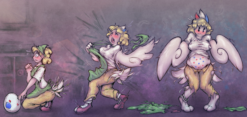 2020 anthro apron barefoot big_breasts blonde_hair blush bodily_fluids bottomwear breast_expansion breasts clothing egg expansion feathers female flying_sweatdrops grey_background growth hair hi_res human human_to_anthro kneeling knock-kneed looking_down mammal nintendo one_eye_closed open_mouth pants pigeon_toed pok&eacute;mon pok&eacute;mon_(species) pok&eacute;mon_breeder redacted sequence simple_background slightly_chubby solo species_transformation standing surprise sweat sweatdrop tail_growth thwillartz togekiss torn_clothing transformation video_games wardrobe_malfunction weight_gain white_body wing_growth wings