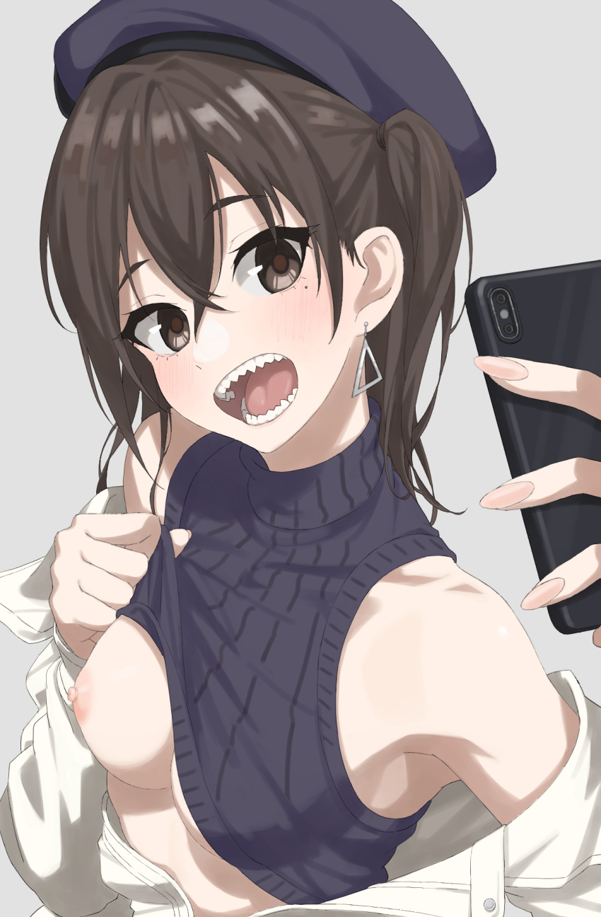 1girl blush breasts brown_eyes brown_hair cellphone clothes_lift earrings grey_background hair_between_eyes hat highres holding holding_phone idolmaster idolmaster_cinderella_girls jewelry kaminari_doon lifted_by_self medium_breasts mole mole_under_eye nipples one_breast_out open_mouth phone ribbed_sweater self_shot sharp_teeth simple_background sleeveless_sweater smartphone solo sunazuka_akira sweater sweater_lift teeth turtleneck turtleneck_sweater