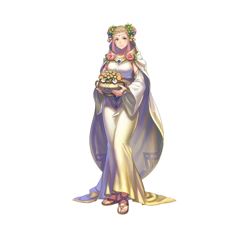 1girl absurdres anbe_yoshirou bangs blonde_hair breasts cape circlet closed_mouth collarbone dress fingernails fire_emblem fire_emblem_heroes flower flower_pot full_body gold_trim gradient gradient_clothes gradient_hair hair_ornament henriette_(fire_emblem) highres holding jewelry long_dress looking_at_viewer medium_breasts multicolored_hair official_art pink_hair sandals shiny shiny_hair sidelocks simple_background smile standing toes white_background wide_sleeves