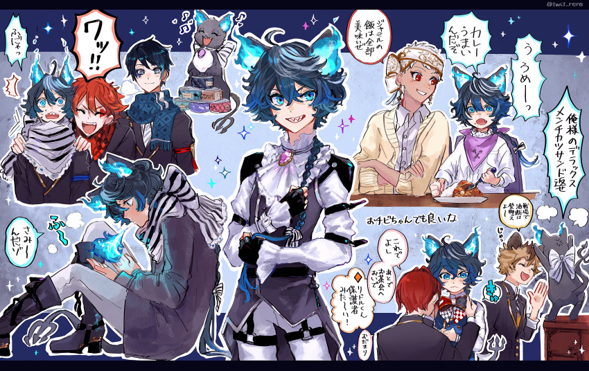 6+boys ace_trappola adjusting_neckwear anger_vein angry animal_ears annoyed bangs black_gloves black_hair black_jacket blue_eyes blue_fire blush boots braid breathing_fire breathing_on_hands brooch can canned_food cardigan cat cat_boy cat_ears cat_food choroi_amachori closed_eyes collared_shirt crossed_bangs curry dark_skin dark_skinned_male deuce_spade diagonal_stripes eating fang fiery_ears fingerless_gloves fire food frilled_sleeves frills gloves grim_(twisted_wonderland) hair_between_eyes hands_on_another's_shoulders high_heel_boots high_heels highres holding holding_spoon humanization jacket jewelry kalim_al-asim knee_boots long_hair long_sleeves looking_at_viewer magic male_focus messy_hair multiple_boys multiple_views necktie night_raven_college_uniform open_mouth red_hair riddle_rosehearts ruggie_bucchi scarf shirt short_hair simple_background sitting smile sparkle spoon striped striped_neckwear sweat twisted_wonderland twitter_username very_long_hair watch white_hair white_shirt wide-eyed wristwatch