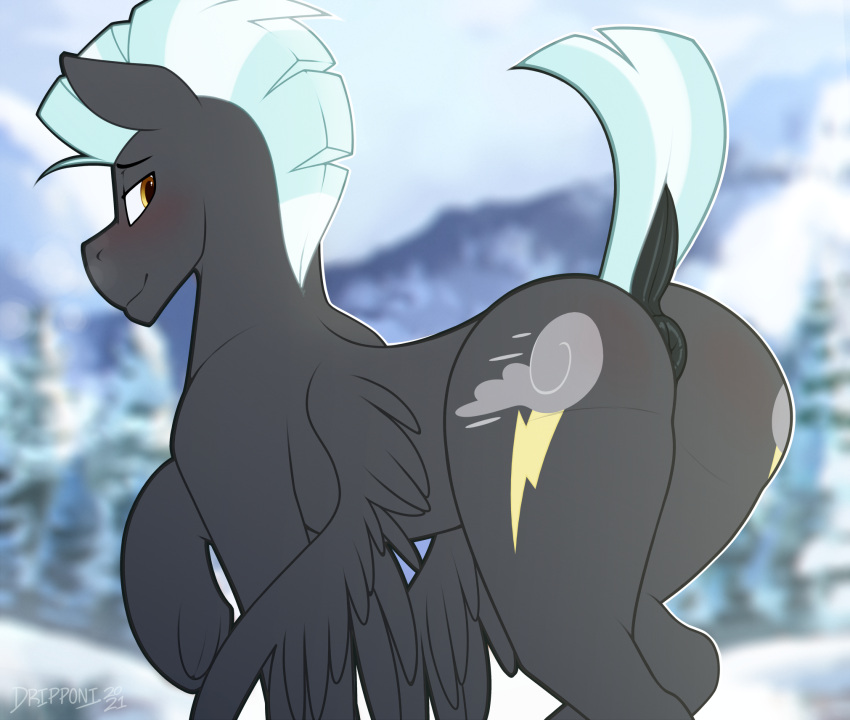 2021 anus black_body black_feathers black_fur black_wings blush butt butt_blush cutie_mark dock dripponi english_text equid equine feathered_wings feathers feral friendship_is_magic fur hasbro hi_res hooves looking_at_viewer looking_back male mammal mane mountain my_little_pony outside pegasus plant puffy_anus quadruped raised_hoof raised_tail rear_view signature smile solo text thunderlane_(mlp) tree underhoof white_mane white_tail wings yellow_eyes