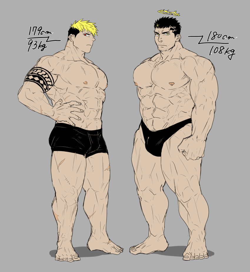 2boys abs arm_tattoo bara boxers briefs bulge facial_hair full_body height_chart height_difference highres looking_at_viewer male_focus male_underwear multicolored_hair multiple_boys muscular muscular_male nipples pectorals scar scar_across_eye scar_on_chest short_hair sideburns standing stomach stubble tattoo tetsuya_(tokyo_houkago_summoners) thick_thighs thighs tokyo_houkago_summoners two-tone_hair undercut underwear underwear_only veins weights zabaniya_(tokyo_houkago_summoners) zabaniyan