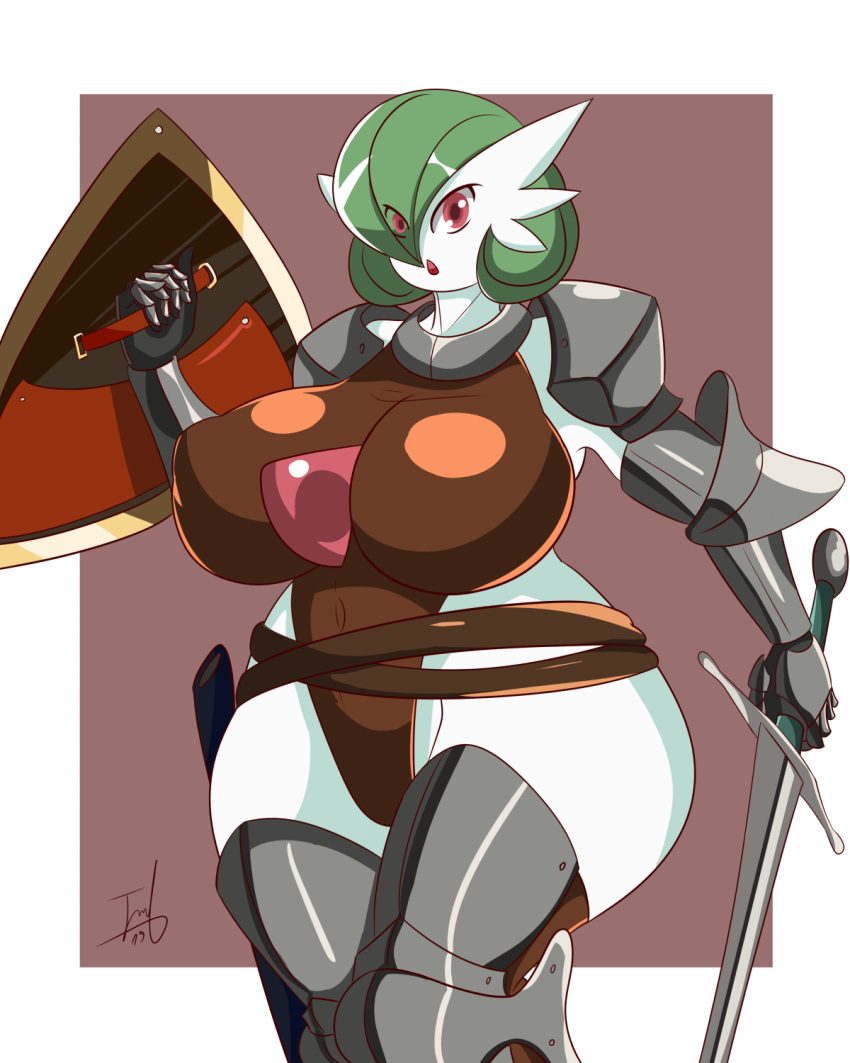 4:5 armor big_breasts breasts brown_leotard clothed clothing female gardevoir glistening glistening_body glistening_clothing glistening_eyes glistening_skin green_hair hair hi_res highleg highleg_leotard holding_object holding_shield holding_sword holding_weapon huge_breasts humanoid leotard melee_weapon nintendo not_furry open_mouth pok&eacute;mon pok&eacute;mon_(species) portrait quakebrothers red_background red_eyes shield signature simple_background solo standing sword thick_thighs three-quarter_portrait tight_clothing video_games weapon white_background white_body wide_hips