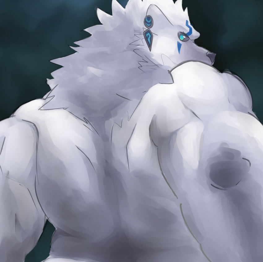 anthro black_sclera blue_eyes ear_piercing ear_ring fur hi_res league_of_legends looking_back male mammal nude panic_exc piercing rear_view riot_games solo ursid video_games volibear white_body white_fur