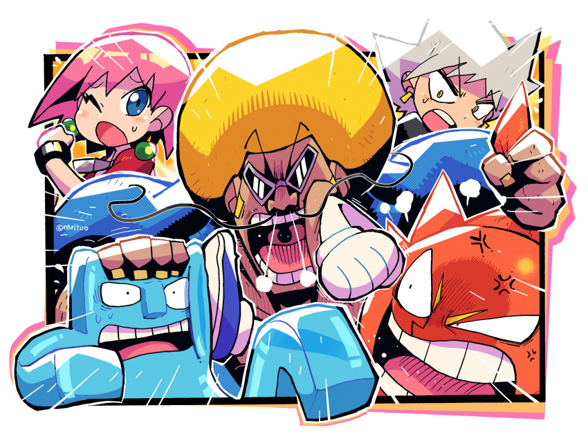 1girl 4boys :o afro anger_vein beauty blonde_hair blue_eyes bobobo-bo_bo-bobo bobobo-bo_bo-bobo_(character) don_patch earrings glasses heppokomaru highres jewelry multiple_boys one_eye_closed open_mouth pink_hair rariatto_(ganguri) short_hair tokoro_tennosuke white_hair yellow_eyes