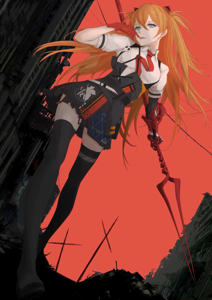 1girl absurdres blue_eyes bow dutch_angle gloves hair_between_eyes highres honkai_(series) honkai_impact_3rd interface_headset lance_of_longinus neon_genesis_evangelion nerv red_background red_bow red_gloves ruins solo souryuu_asuka_langley thighhighs thighs tongue tongue_out yyano4691 zettai_ryouiki