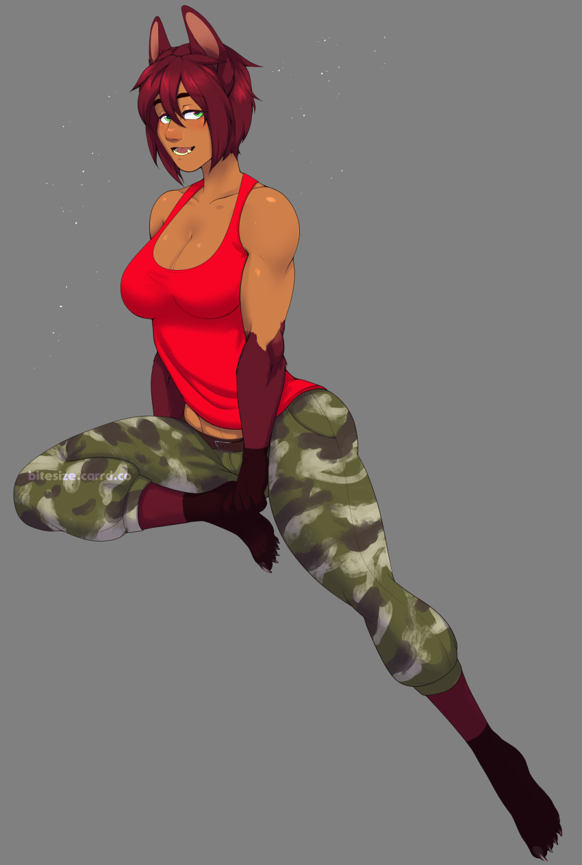 absurd_res animal_humanoid bitesize_art camo camo_print clothing female green_eyes hair hi_res humanoid red_hair shirt solo tan_body tank_top topwear