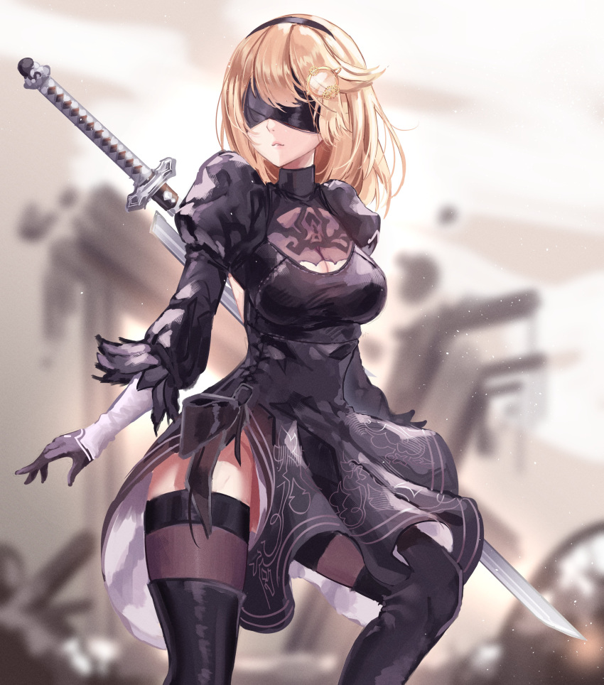 1girl absurdres bangs black_dress black_footwear black_legwear blindfold blonde_hair boots breasts cleavage cleavage_cutout clothing_cutout cosplay dayshiart dress feet_out_of_frame gloves hair_ornament hairband high_heel_boots high_heels highres hololive hololive_english juliet_sleeves katana large_breasts long_sleeves looking_to_the_side monocle_hair_ornament nier_(series) nier_automata parted_lips puffy_sleeves short_hair solo sword thigh_boots thighhighs virtual_youtuber watson_amelia weapon yorha_no._2_type_b yorha_no._2_type_b_(cosplay)