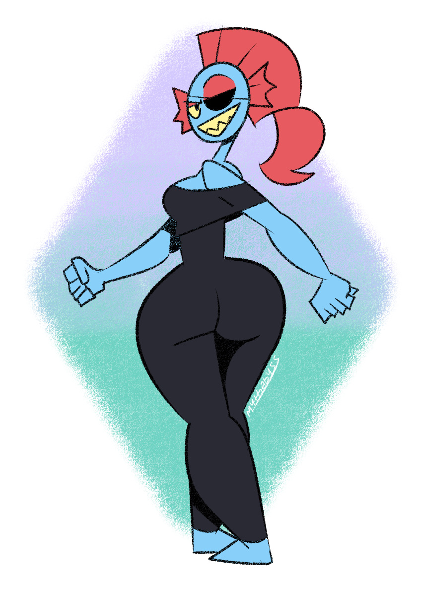 2021 absurd_res animal_humanoid breasts butt clothed clothing eye_patch eyewear female fish fish_humanoid hair hi_res humanoid looking_at_viewer looking_back marine marine_humanoid monster mythabyss rear_view red_hair simple_background smile solo teeth undertale undyne video_games