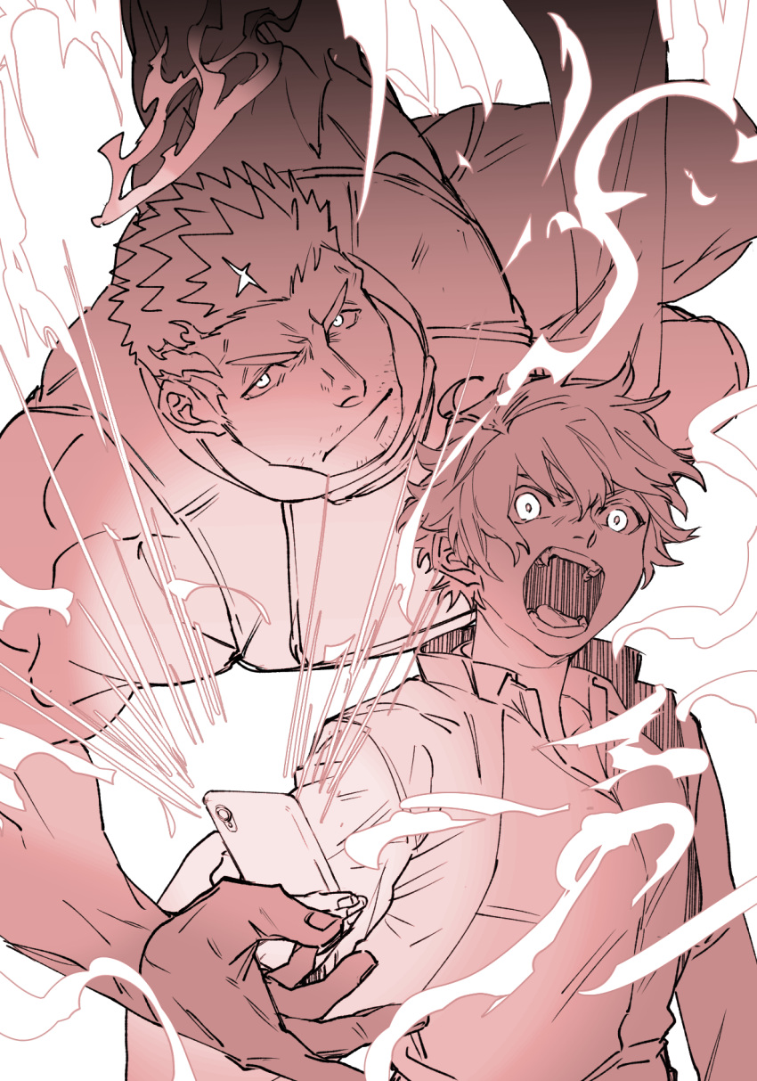 2boys armor bara breastplate facial_hair fighting_stance glowing glowing_eyes halo highres jumping lightning_bolt looking_at_viewer male_focus master_4_(tokyo_houkago_summoners) multiple_boys muscular muscular_male open_mouth pectorals pink_theme shirt short_hair stubble textless tokyo_houkago_summoners upper_body zabaniya_(tokyo_houkago_summoners) zabaniyan