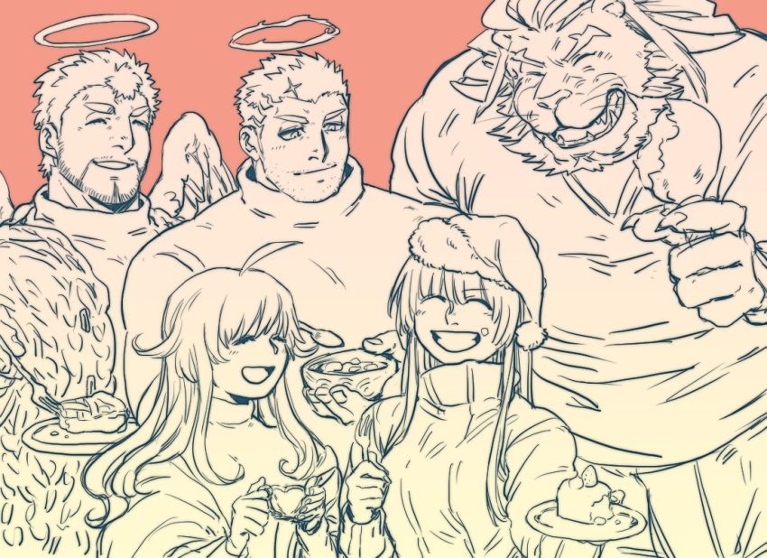 2girls 3boys alternate_costume angel animal_ears arsalan_(tokyo_houkago_summoners) bite_mark blush cake cake_slice casual character_request eating facial_hair feathered_wings food food_on_face furry halo lion_boy lion_ears male_focus master_2_(tokyo_houkago_summoners) monochrome multiple_boys multiple_girls muscular muscular_male nether_angel_(tokyo_houkago_summoners) pectorals pink_theme short_hair smile stubble tokyo_houkago_summoners upper_body wings zabaniya_(tokyo_houkago_summoners) zabaniyan