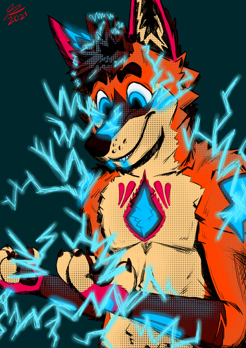alister_(art) alister_(character) anthro arm_markings blue_background blue_eyes blue_markings brown_body brown_fur brown_hair brown_nose canid canine chest_markings claws dark_eyebrows dark_hair dark_nose dark_pawpads electricity eyebrows facial_markings fox fur glowing glowing_eyes glowing_markings grin hair head_markings hi_res inner_ear_fluff lightning_bolt male mammal markings monotone_background orange_body orange_fur pawpads pink_body pink_ears pink_fur pink_markings raised_eyebrow signature simple_background smile solo sparks static_electricity superpowers teeth tuft whisker_spots white_sclerea