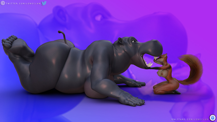 16:9 abdominal_bulge anthro belly big_belly big_breasts big_butt breasts butt canid canine common_hippopotamus daz3d daz_3d daz_studio female female/female fox group hippopotamid huge_breasts huge_butt huge_thighs jasmine_(loneclaw) laying_on_ground loneclaw looking_into_mouth lying lying_on_breasts lying_on_ground mammal on_front open_mouth oral_vore red_fox size_difference thick_thighs turned_on vore wide_hips widescreen willing_vore