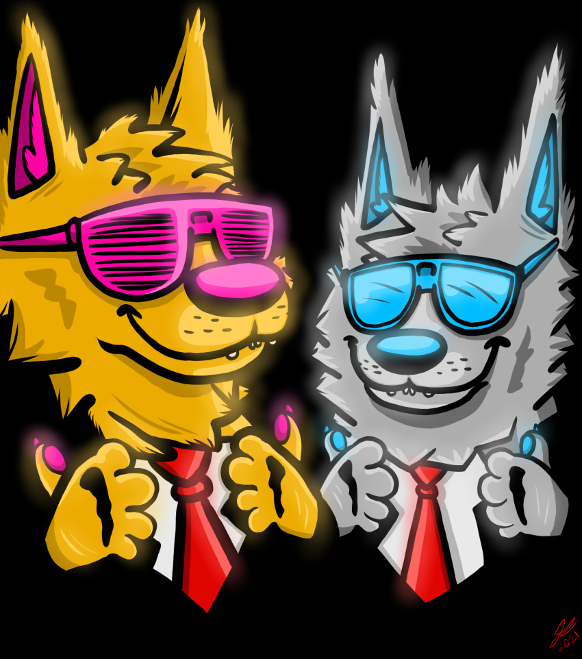 alister_(art) anthro black_background blue_eyewear blue_glasses blue_nose blue_pawpads claws clothed clothing duo ear_tuft ears_up eyewear facial_tuft fur gesture glasses glowing gold_body grey_body grey_fur grin head_tuft hi_res inner_ear_fluff male metallic neck_tuft necktie pawpads pink_eyewear pink_glasses pink_nose pink_pawpads red_necktie short_snout signature silver_body simple_background smile snout suit taidum teeth teeth_showing thumbs_up tuft whisker_spots yellow_body yellow_fur