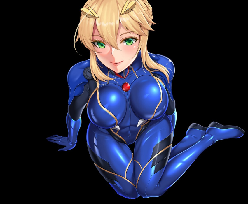 1girl alternate_costume artoria_pendragon_(all) artoria_pendragon_(lancer) bangs blonde_hair blue_bodysuit bodysuit braid breasts covered_navel crown fate/grand_order fate_(series) french_braid green_eyes hair_between_eyes large_breasts matrix16 neon_genesis_evangelion plugsuit sidelocks skin_tight solo swept_bangs