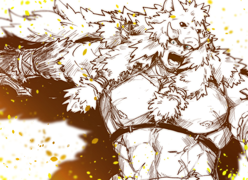1boy animal_hood bara bare_pecs blue_eyes chest_harness facial_hair fighting_stance fur_(clothing) goatee gullinbursti_(tokyo_houkago_summoners) harness hood light_particles male_focus muscular muscular_male open_mouth pectorals petals scar scar_on_chest sketch solo spot_color tokyo_houkago_summoners upper_body zabaniyan