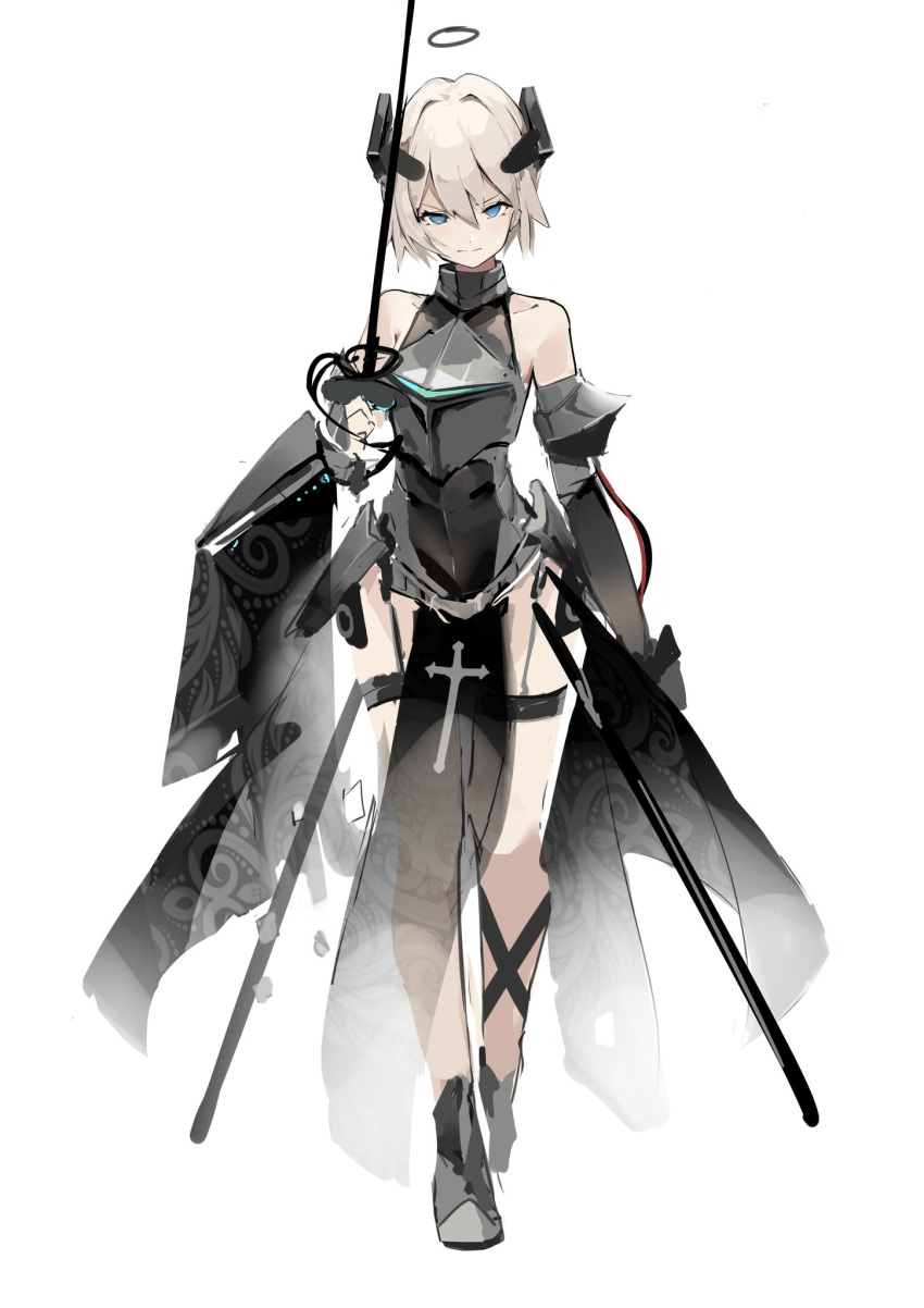 1girl armor blue_eyes covered_navel detached_sleeves dleung fantasy halo highres holding holding_sword holding_weapon leotard looking_at_viewer original rapier short_hair silver_hair sketch skin_tight solo sword thigh_strap weapon