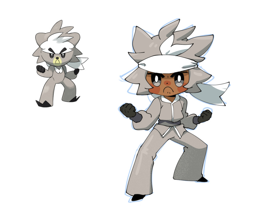 1boy black_gloves blush clenched_hands closed_mouth commentary_request creature_and_personification dark_skin dark_skinned_male fighting_stance frown gen_8_pokemon gloves grey_eyes grey_pants hands_up headband highres jar_pikapika korean_commentary kubfu legendary_pokemon legs_apart long_sleeves male_focus nose_blush pants personification pokemon pokemon_(creature) sash standing white_headband