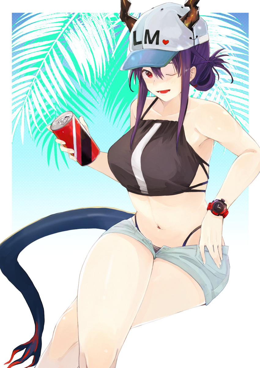 1girl aaoshigatoutoi absurdres arknights bare_legs bare_shoulders baseball_cap bikini black_bikini blonde_hair blue_background blue_shorts blush breasts can ch'en_(arknights) collarbone commentary denim denim_shorts dragon_horns dragon_tail drink female_tourist_c_(arknights) gradient gradient_background hair_between_eyes hair_bun hat highres holding holding_drink horns large_breasts looking_at_viewer medium_hair midriff multicolored_hair navel one_eye_closed open_fly open_mouth palm_tree purple_hair red_hair short_shorts shorts sitting sleeveless smile soda_can solo streaked_hair swimsuit tail thighs tree watch white_headwear wristwatch