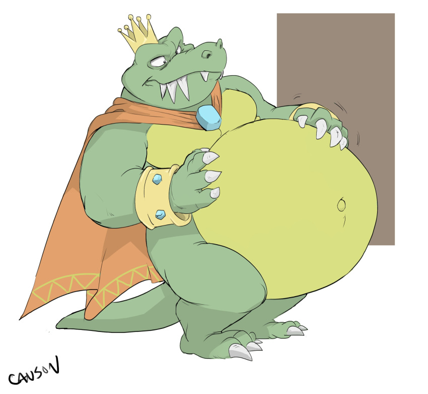 2021 absurd_res anthro belly big_belly canson cape claws clothing crocodilian crown donkey_kong_(series) fangs green_body green_skin hands_on_belly hi_res jewelry king_k._rool kremling male navel nintendo outie_navel overweight plantigrade reptile scalie sharp_teeth simple_background solo teeth video_games yellow_body yellow_skin